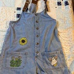 Hot Topic Blue Denim Jumpsuit with Floral and Bee Patches